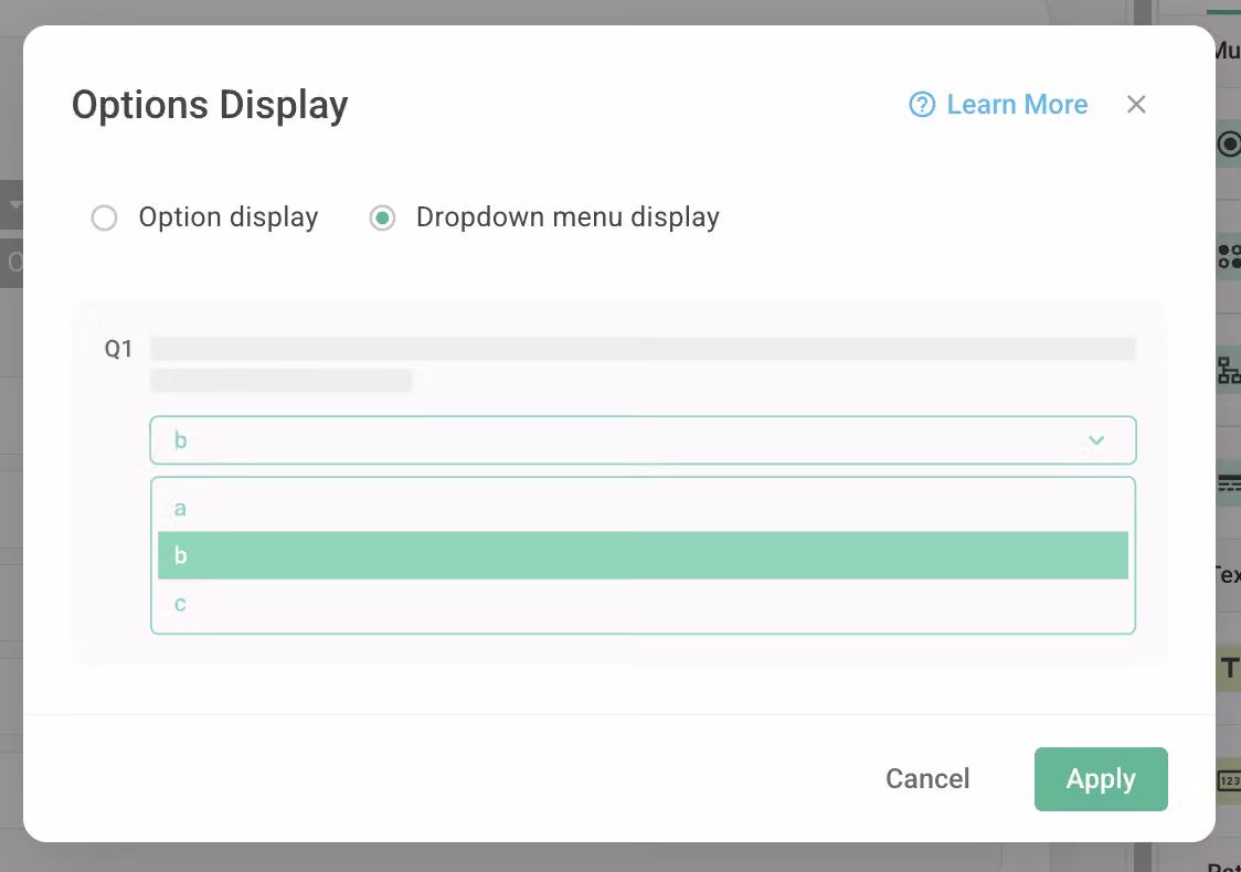 Live survey page showing a Multiple Choice question presented as a dropdown menu