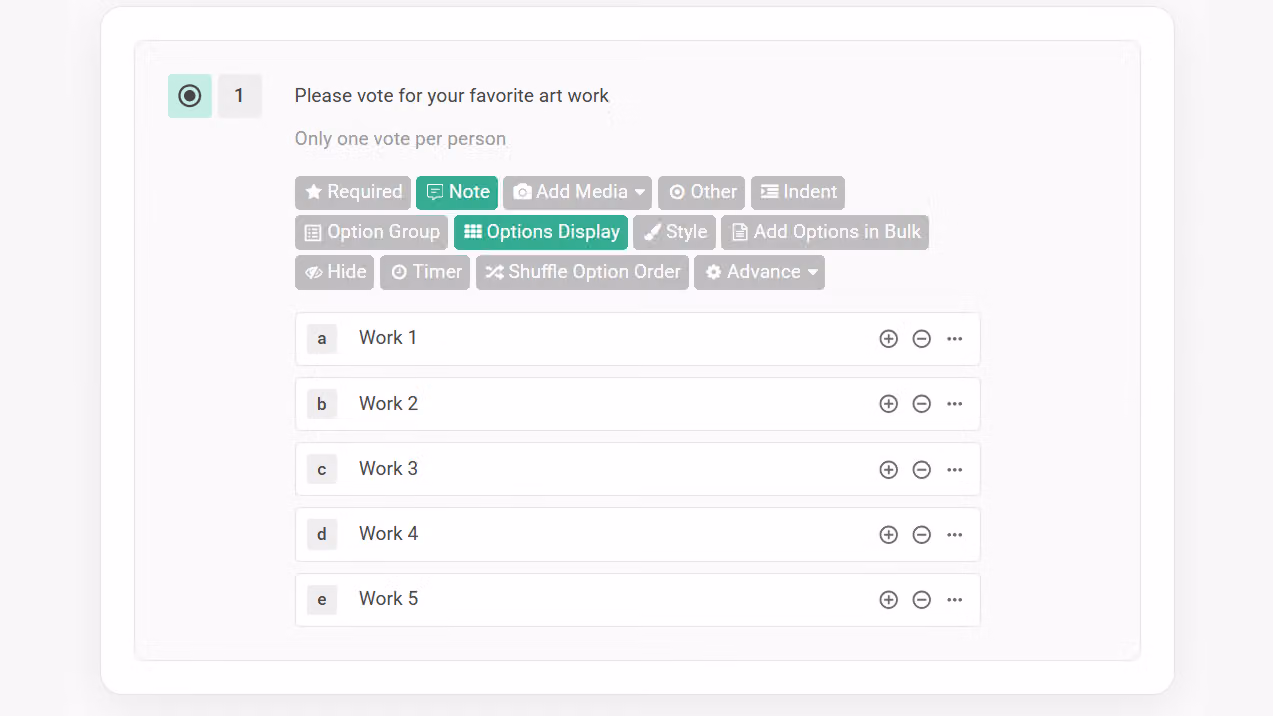 Multiple Choice editor for the question Please vote for your favorite art work, with a settings toolbar and options Work 1 to Work 5.