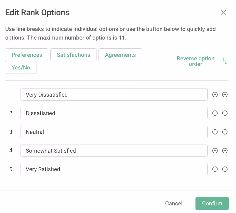 Matrix options adjusted to match the reference criteria after completing the subquestion source setup