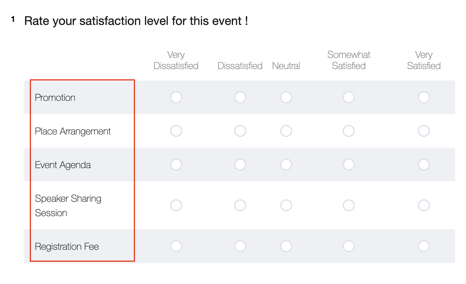 Matrix question showing sub-question labels like Event Agenda and Promotion referenced in the text style question