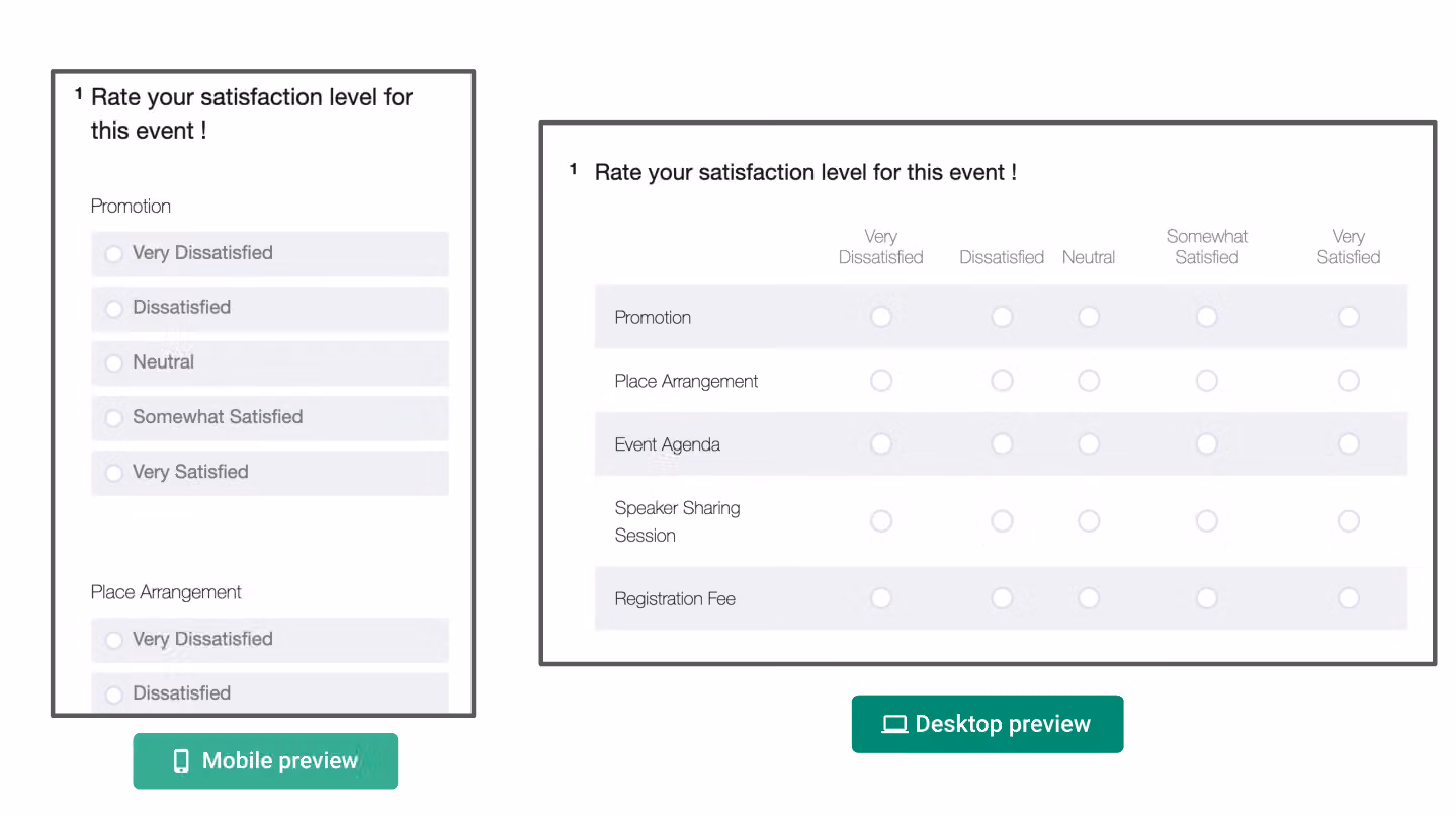 Comparison of the matrix question layout on mobile versus desktop screens