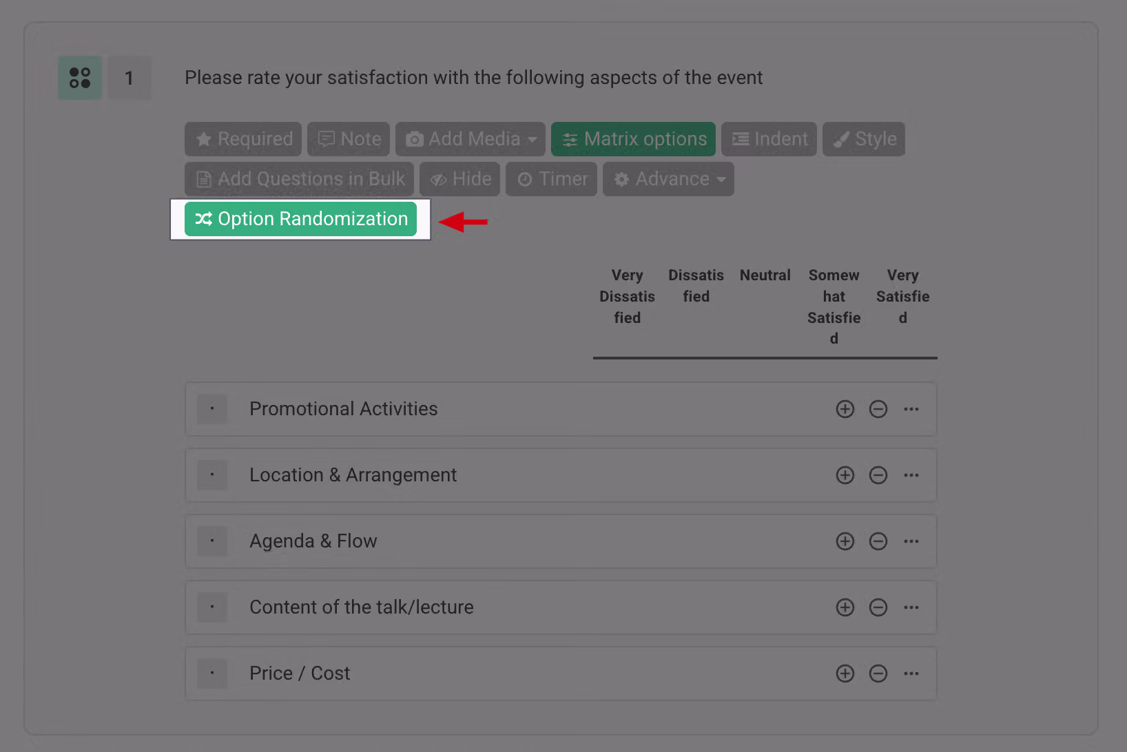 Single Choice Matrix settings with the Option Randomization feature being selected