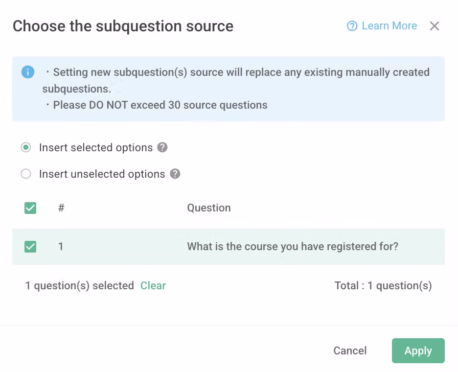 Subquestion Source settings for selecting the source question to pull options from