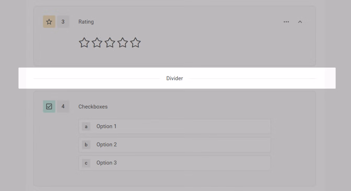 Survey editor showing a divider being dragged between questions to split the survey into sections