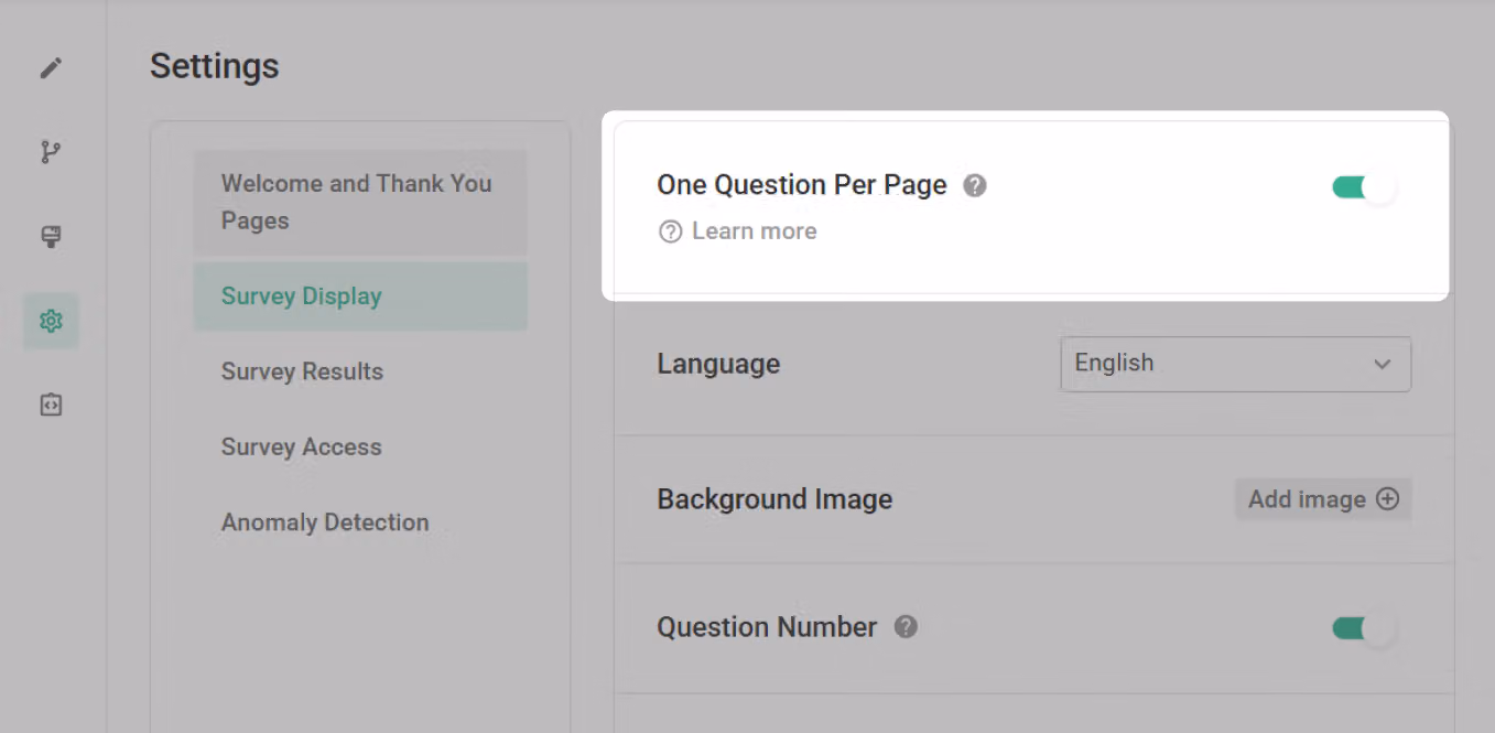 Survey display settings page with the One Question Per Page mode toggle for enabling dividers