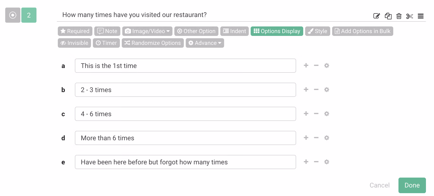 Example Meal Frequency survey question with a data report analyzing responses by frequency