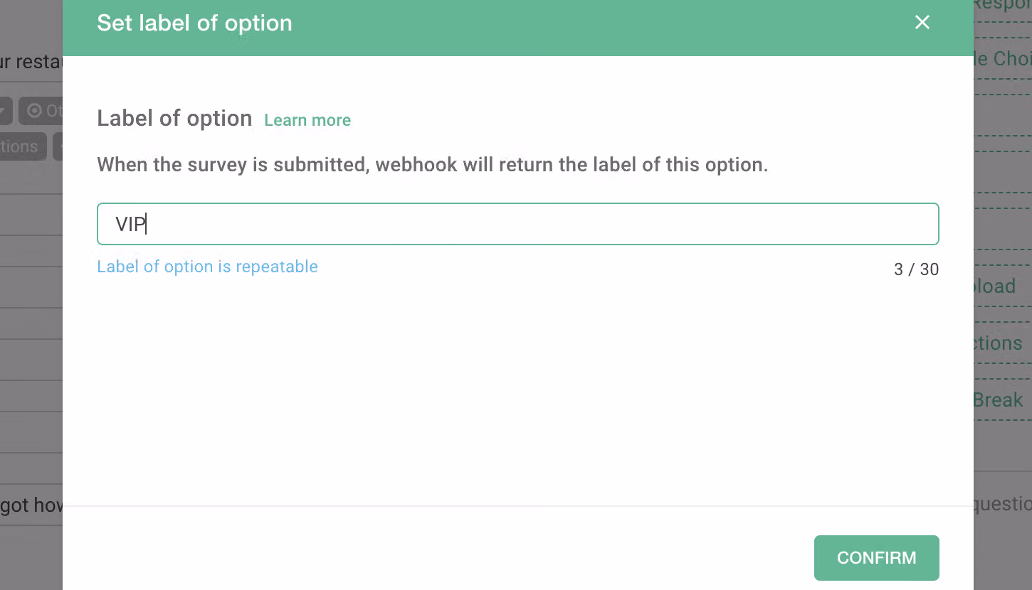 Question options each assigned a Label such as new customer, VIP, or VVIP for webhook data classification