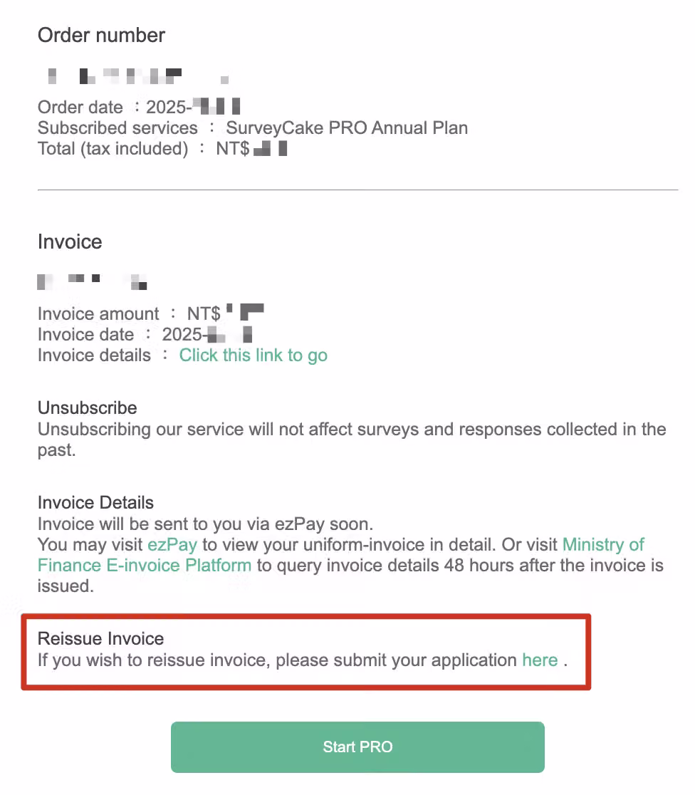 Invoice reissuance form in the subscription and receipt email requiring the voided invoice number, company name, and tax ID