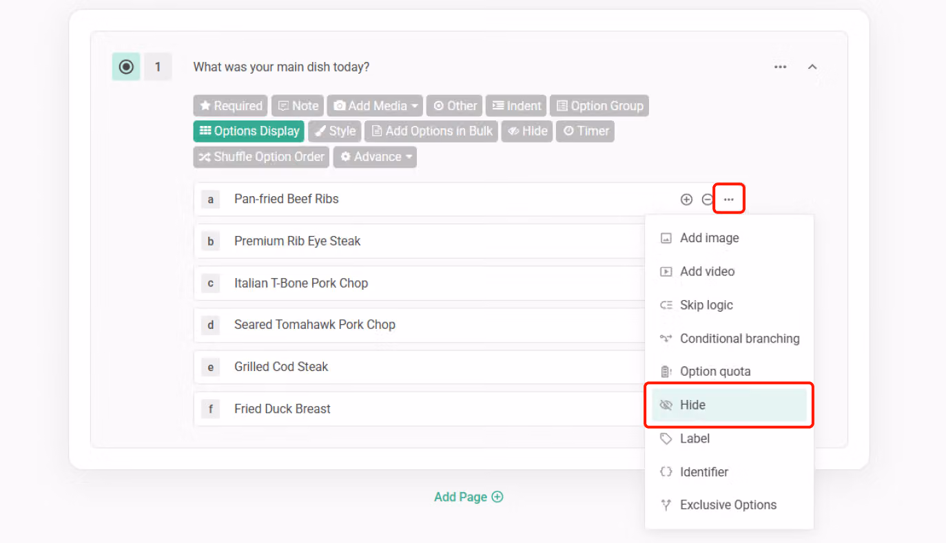 Question editor with the three-dot menu next to an option showing the Hide Option setting