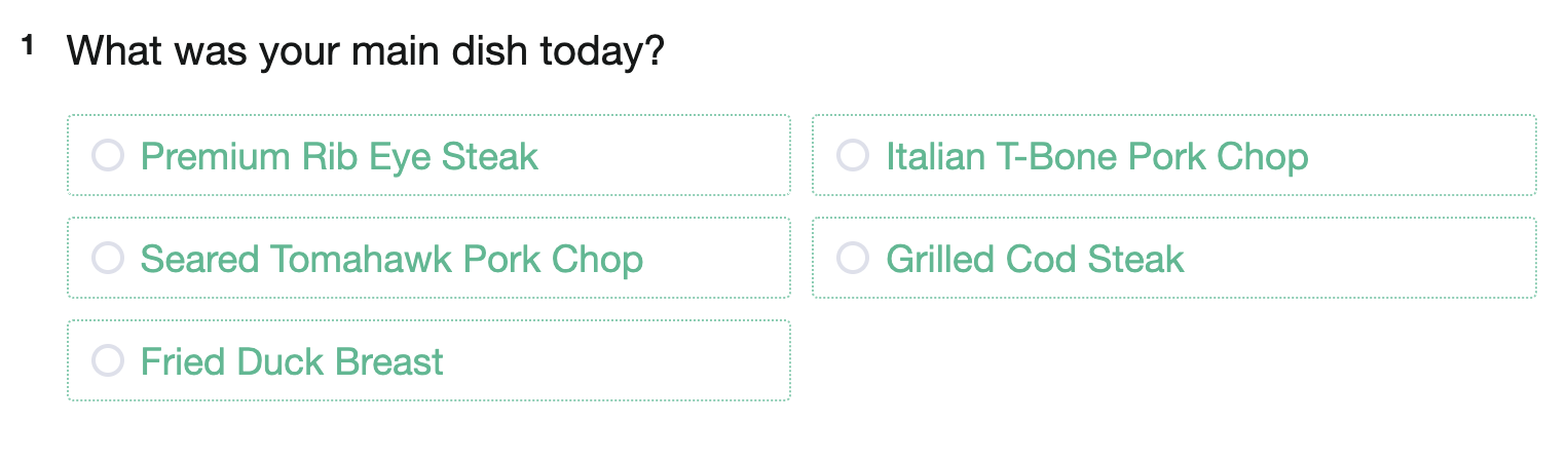 Live survey page showing the 'Pan-Seared Short Ribs' option hidden from view