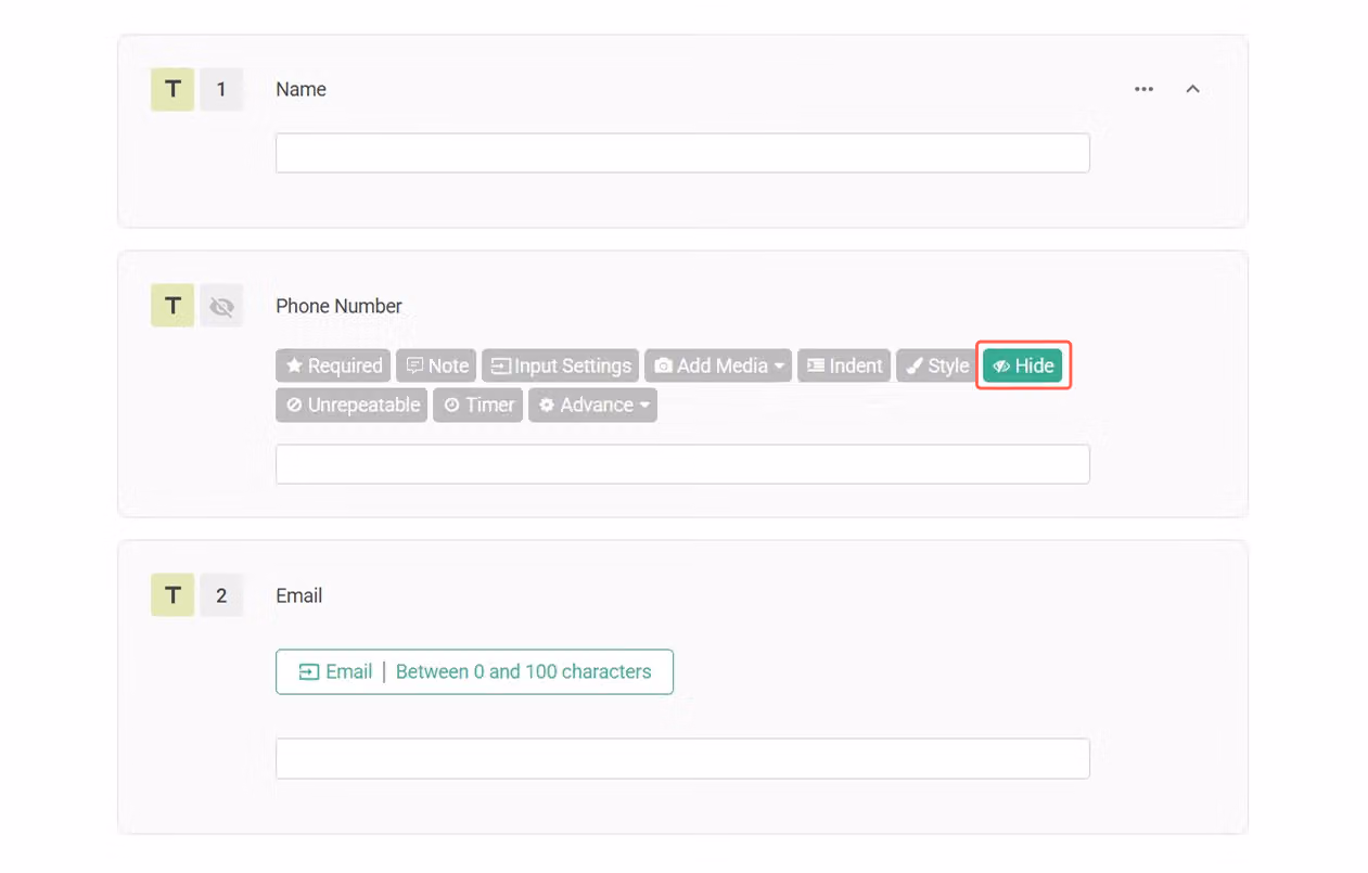 Survey editor showing the Hide function being applied to the customer's phone number question