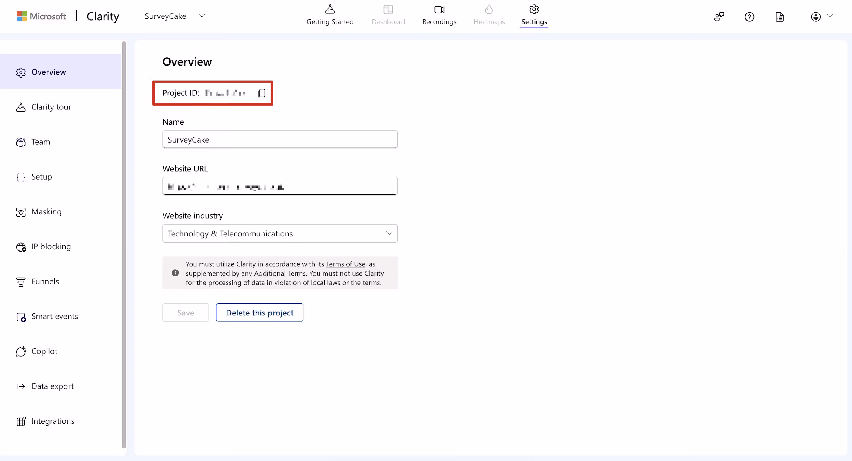 Microsoft Clarity Overview tab showing the Project ID to be copied