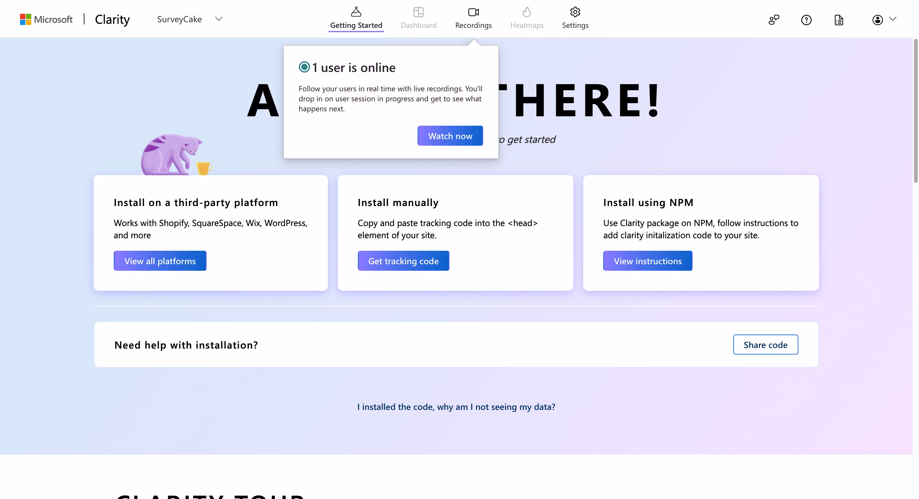 Clarity Recordings dashboard showing '1 user is online' confirming the integration is working