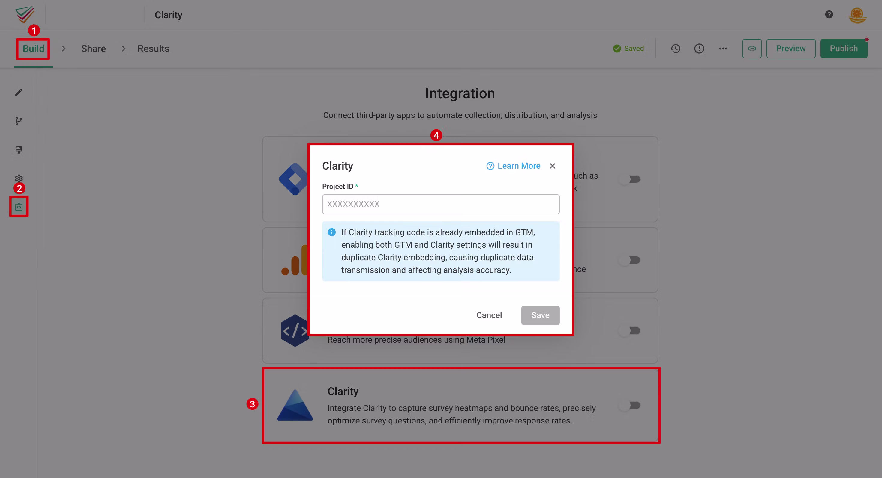 SurveyCake Integration page with Clarity enabled and the Project ID pasted into the field
