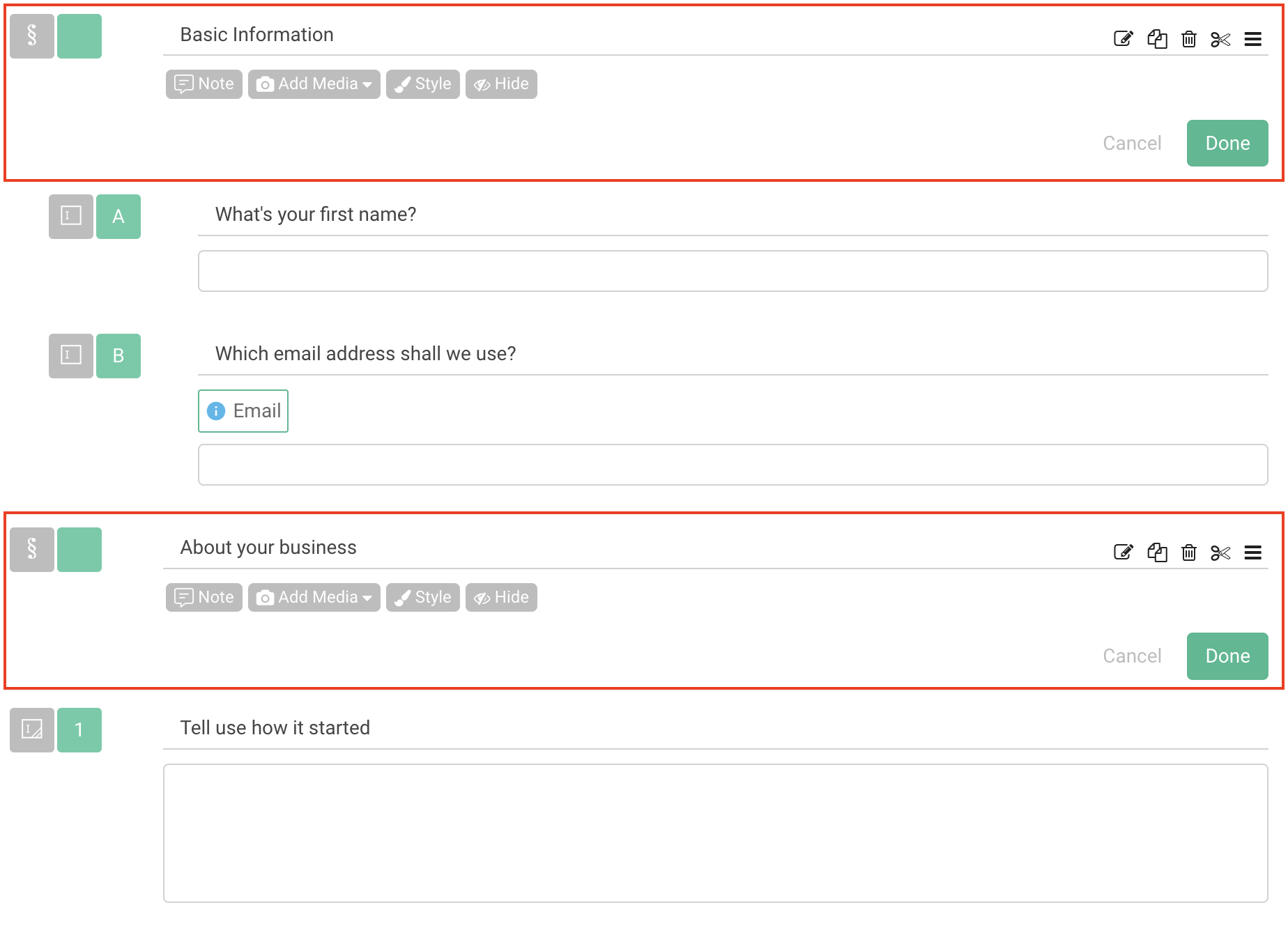 Survey editor showing a Section Title grouping several demographic questions together