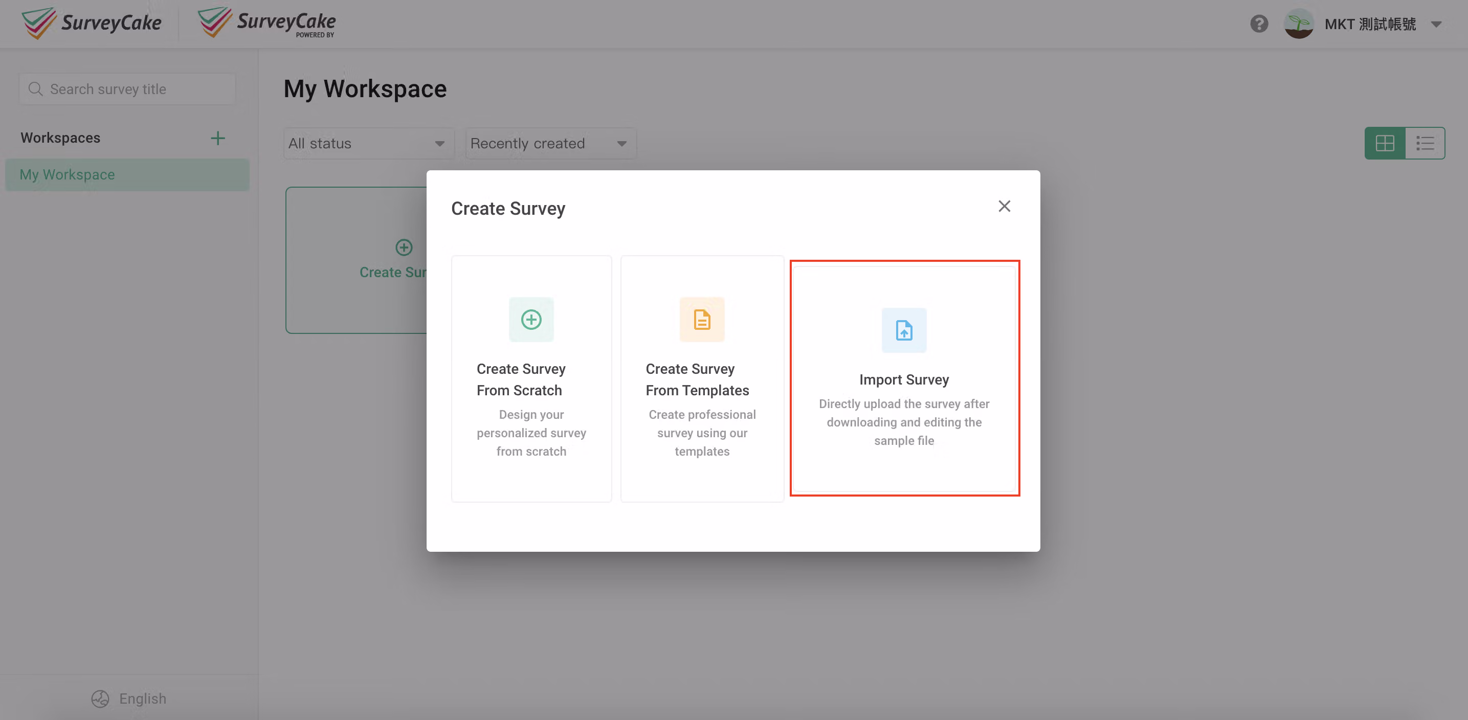 Import Survey page with the Download Sample File button for the txt template