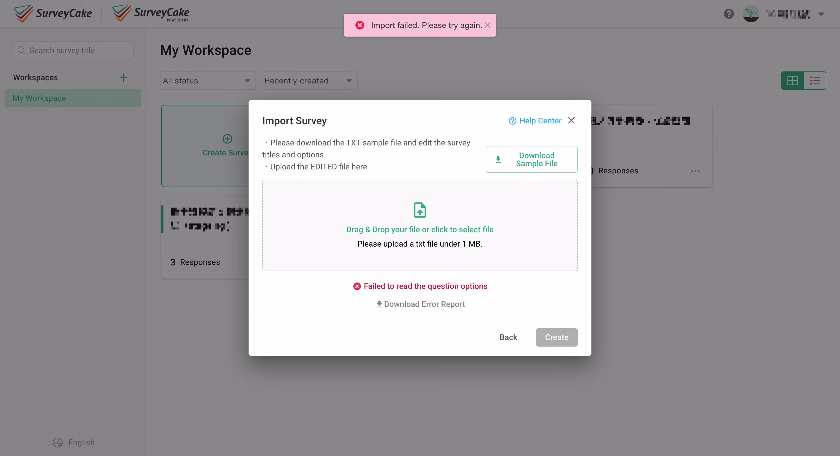 Import error report listing validation issues such as missing options or question text