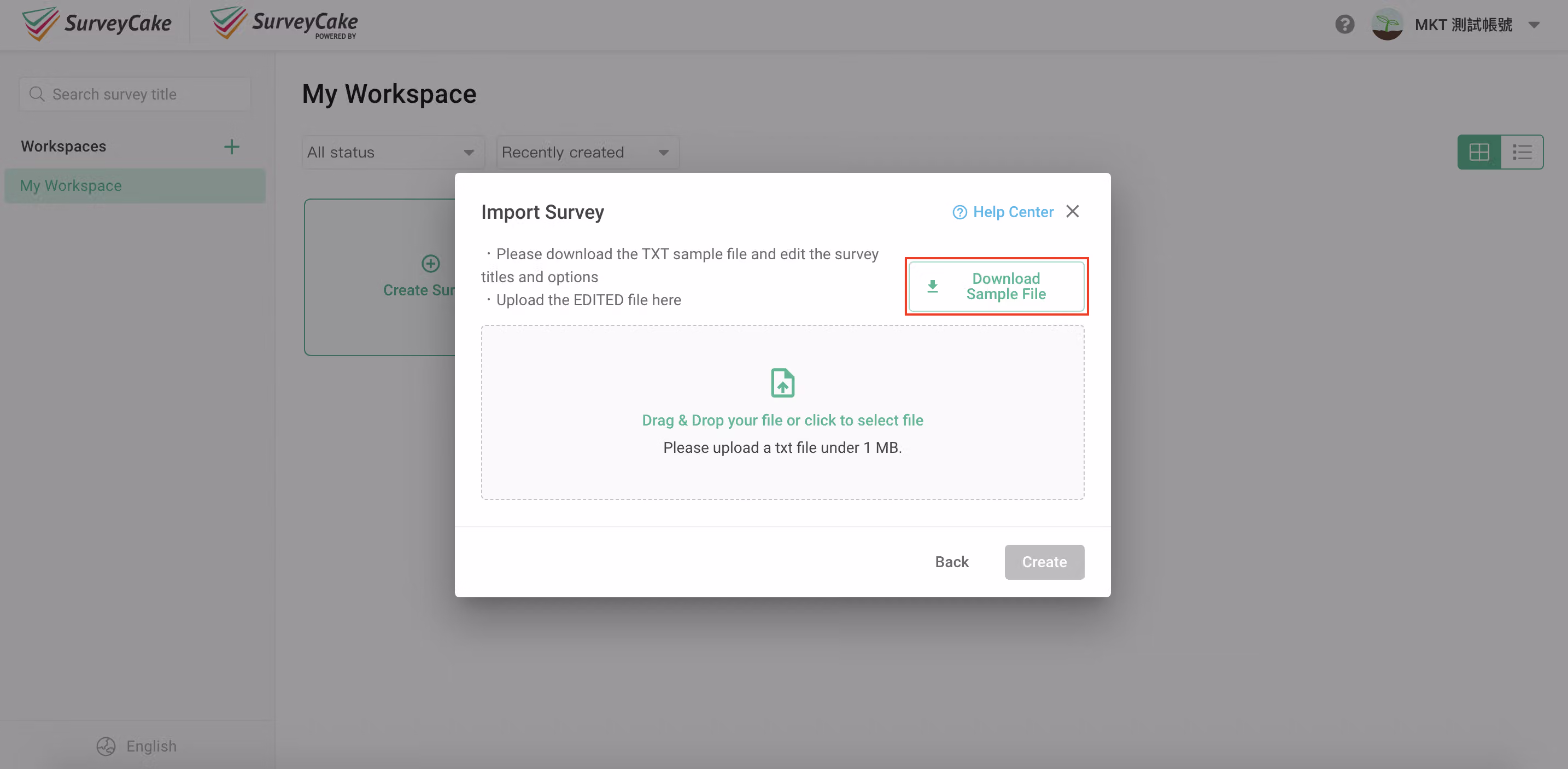 Import Survey page with the file upload button for selecting the edited txt file