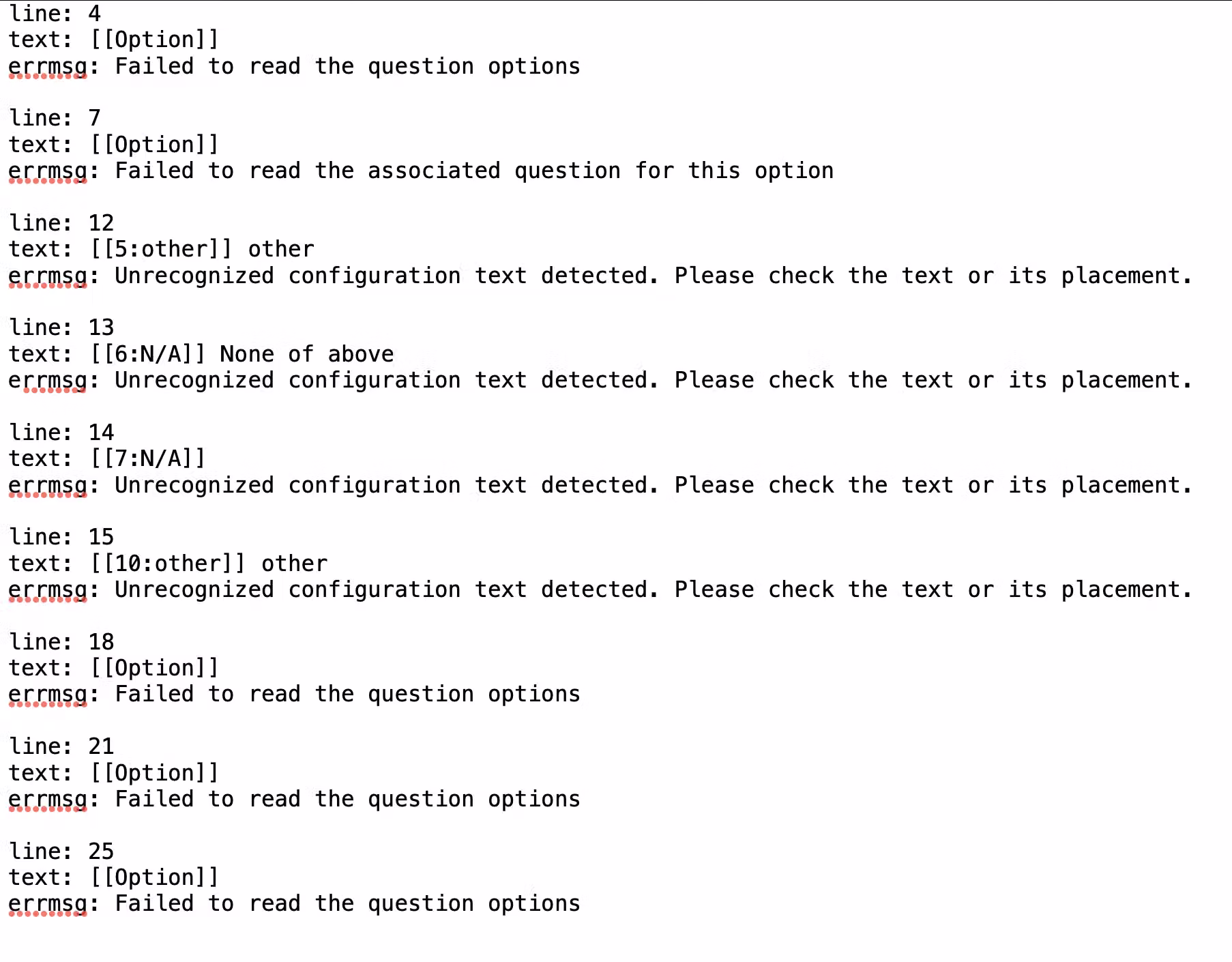 List of common reasons why an import may fail, including missing question text or extra Other options