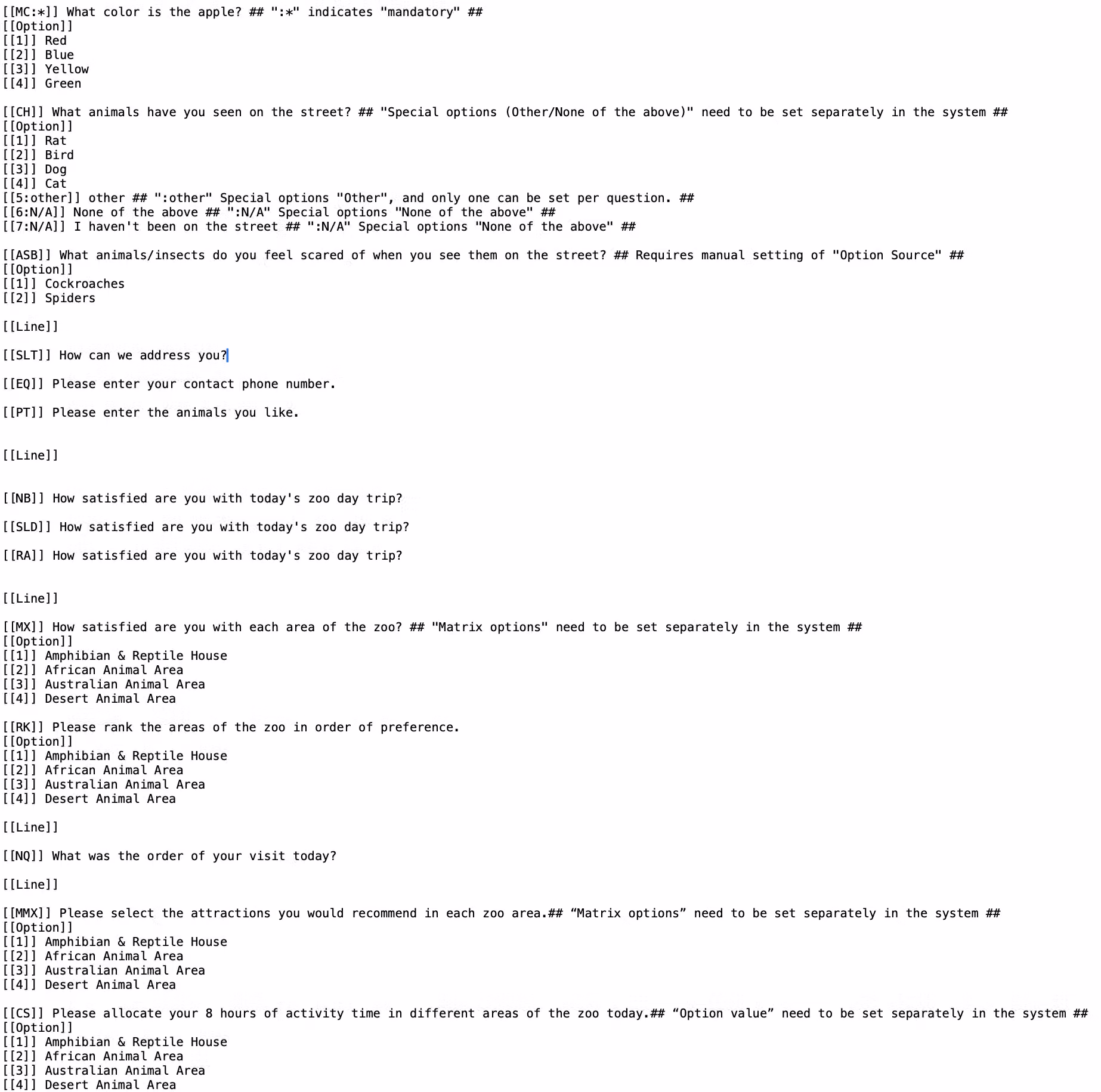 Example of the txt file content showing the format used to write survey questions and options