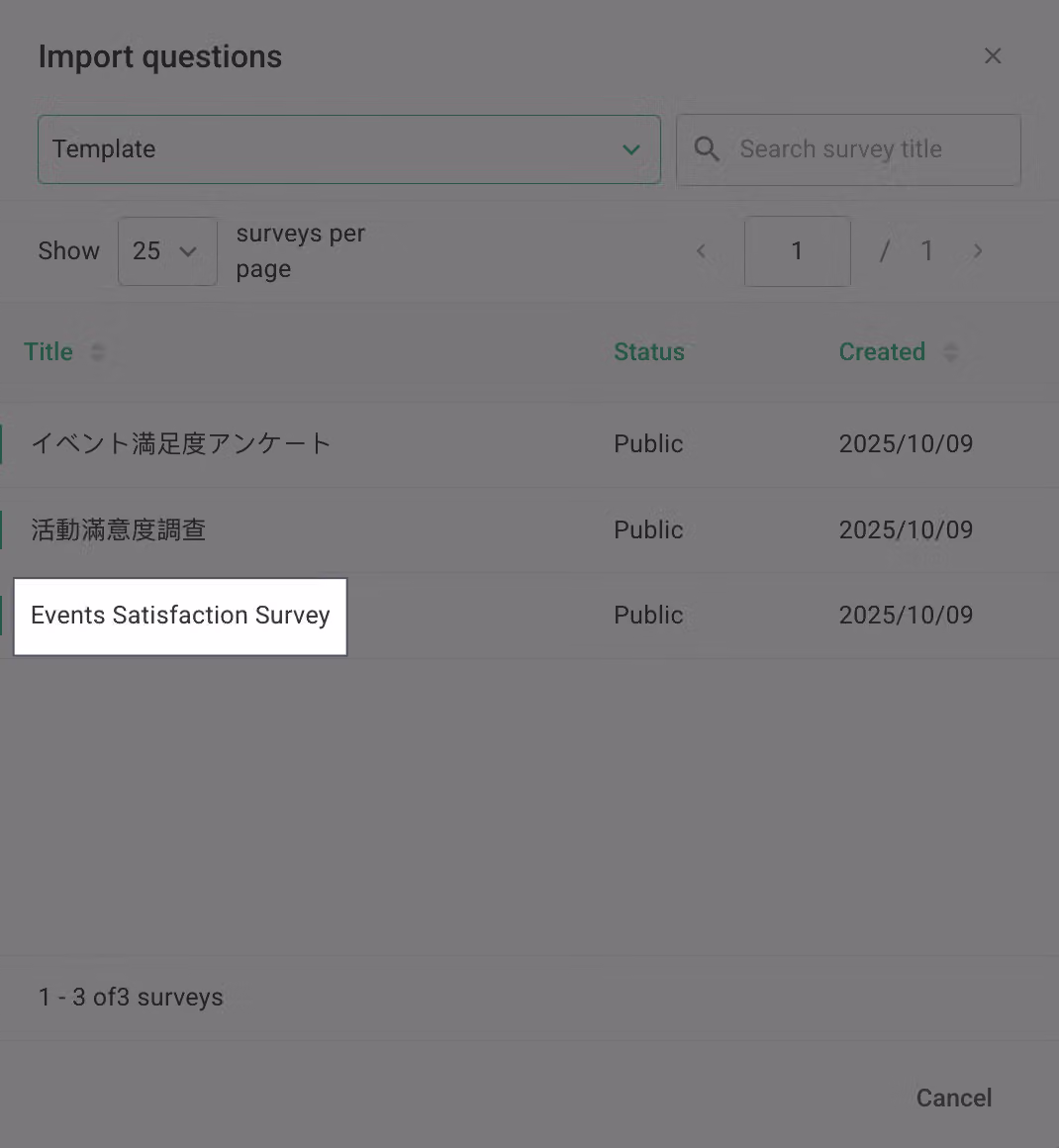 Import Questions dialog listing available surveys with group filter and search, selecting Event Satisfaction Survey