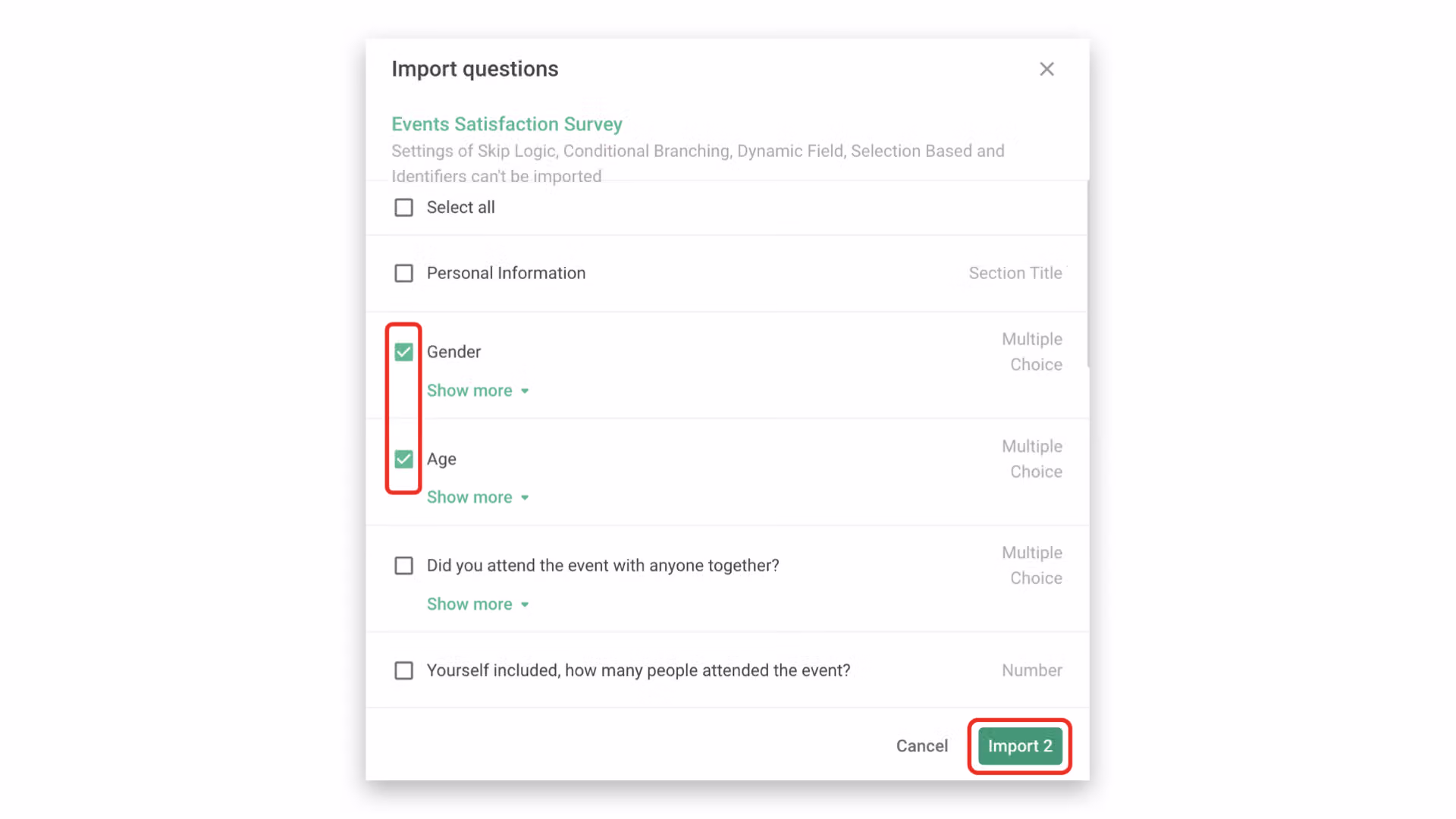 Survey editor showing the imported questions successfully added to the new survey