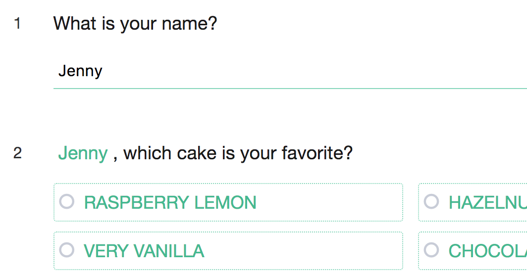Question title showing the respondent's name inserted as a green dynamic field placeholder