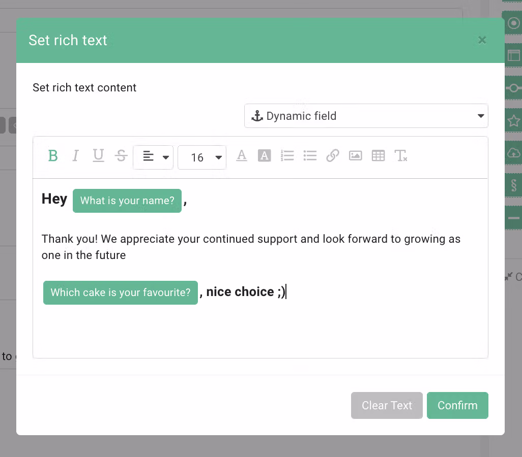Rich Text question at the end of the survey with a dynamic field inserted using Insert Dynamic Fields