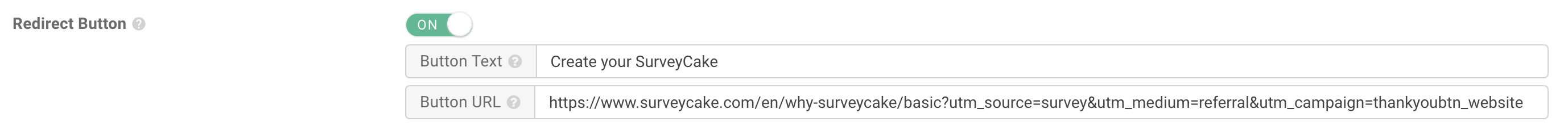 Thank-you page redirect button settings enabled with default button text and link pre-filled