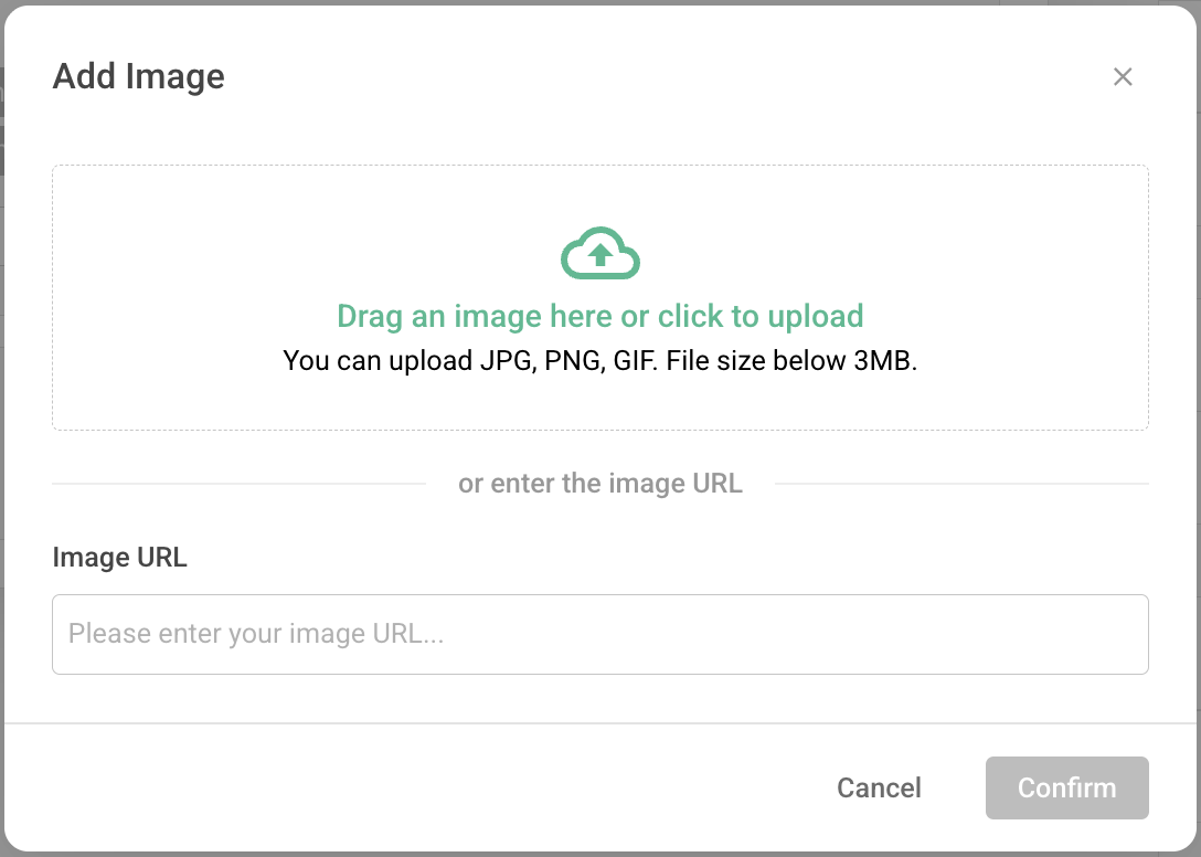 Add Media panel showing options to upload an image file or input an image URL