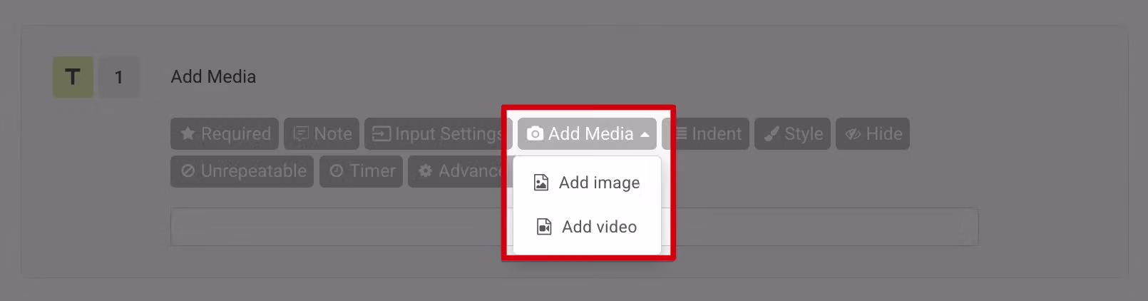 Question settings with the Add Media button clicked to insert an image or video into the question