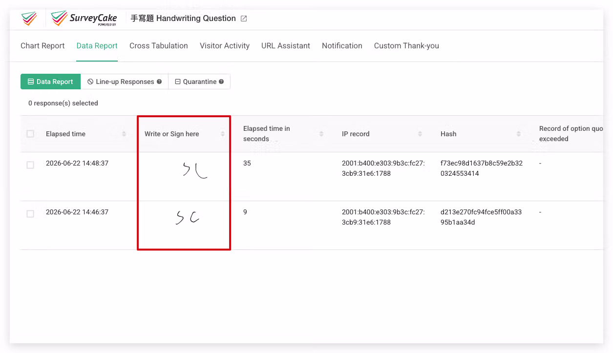Response details table showing thumbnail previews of each handwritten entry in the Export Data page