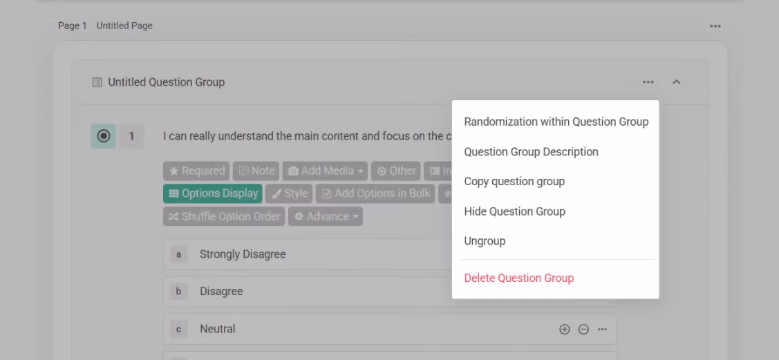 Question group card function menu with settings such as randomization and group description