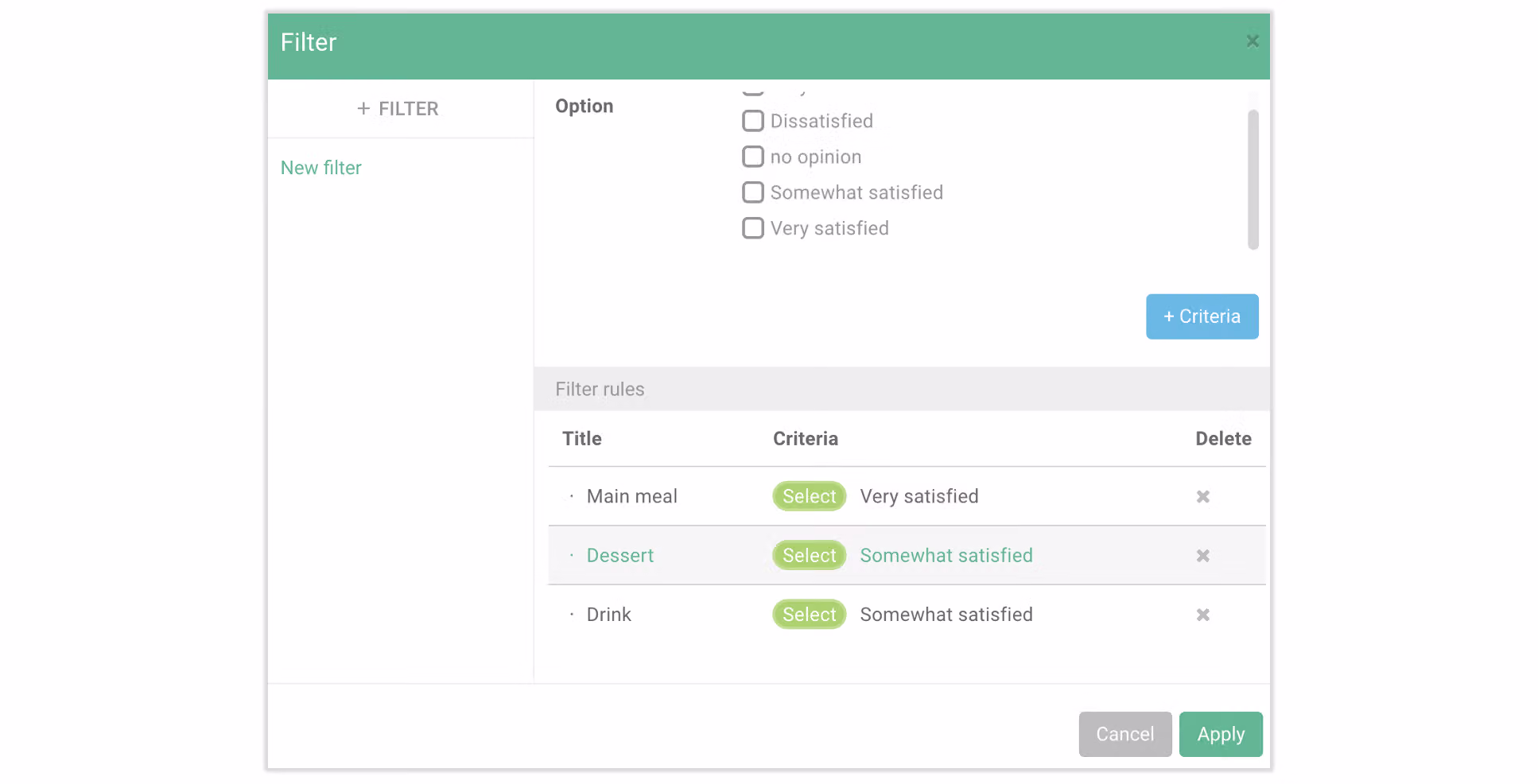 Filter combination settings showing multiple filter criteria added at the same time