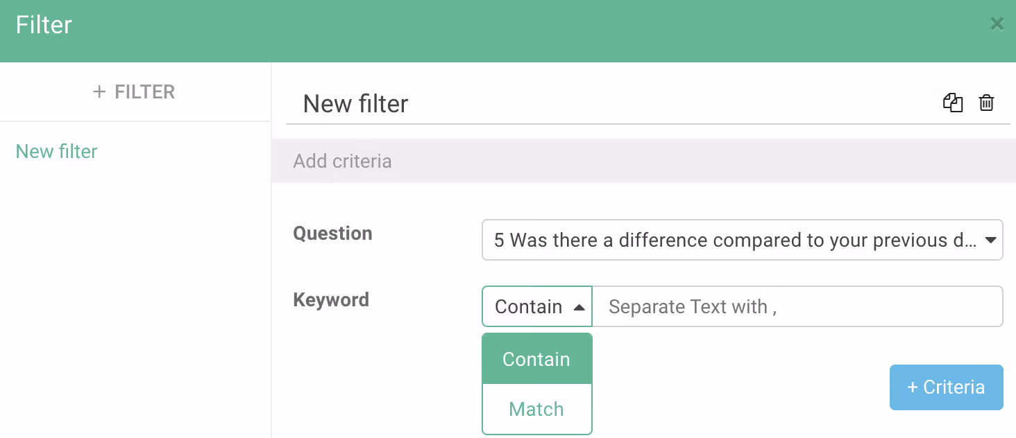 Filter criteria settings for a short-answer question, entering Contain or Match keywords separated by commas