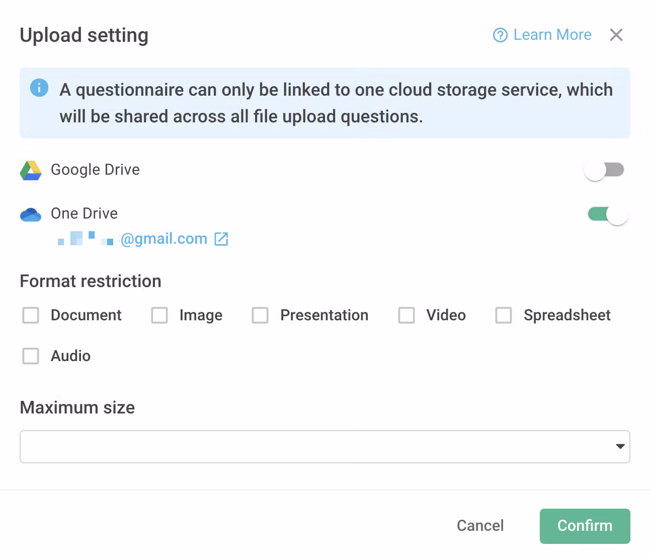 Settings screen showing that different surveys can each be linked to a different Google Drive or OneDrive account