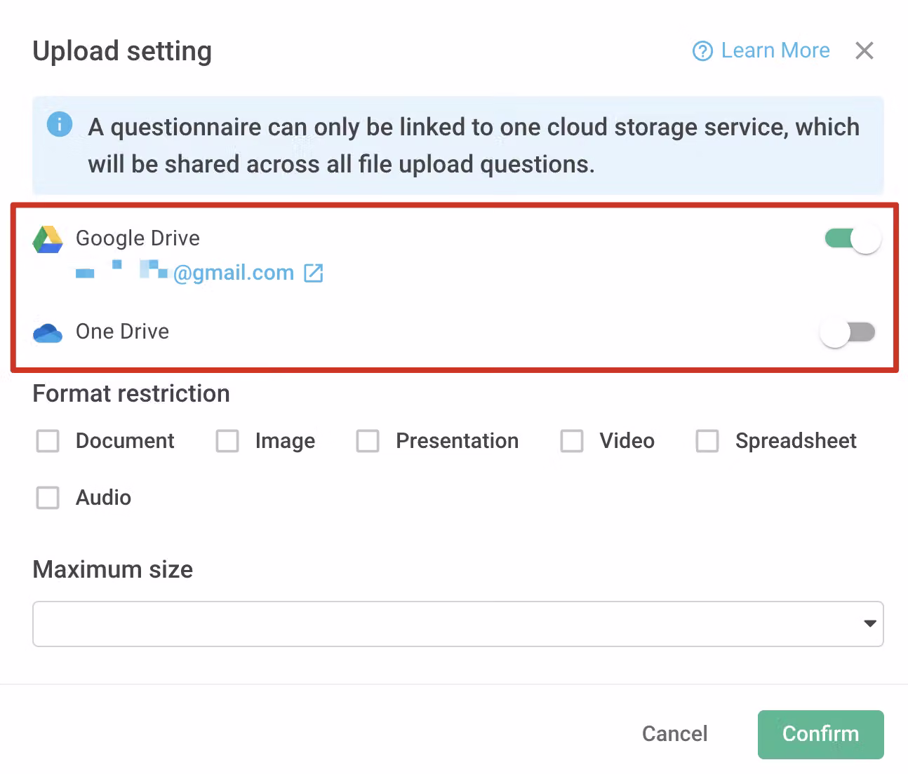 Upload Setting panel for linking a Google Drive or OneDrive cloud storage account