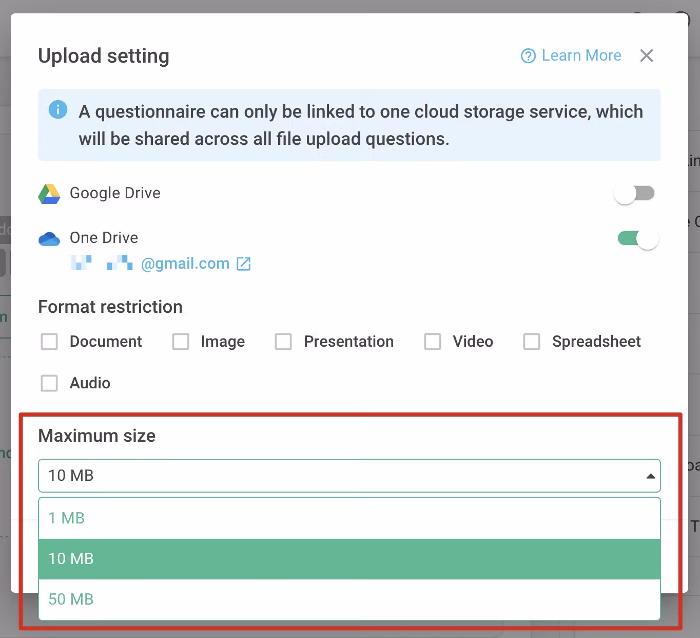Upload Setting panel for setting a file size limit for uploads