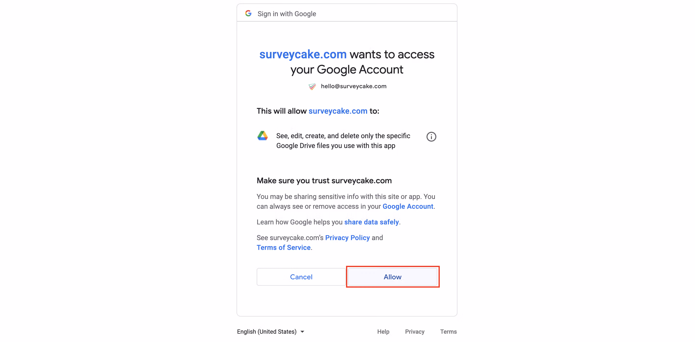 Confirmation screen showing the cloud storage account successfully linked after clicking Allow
