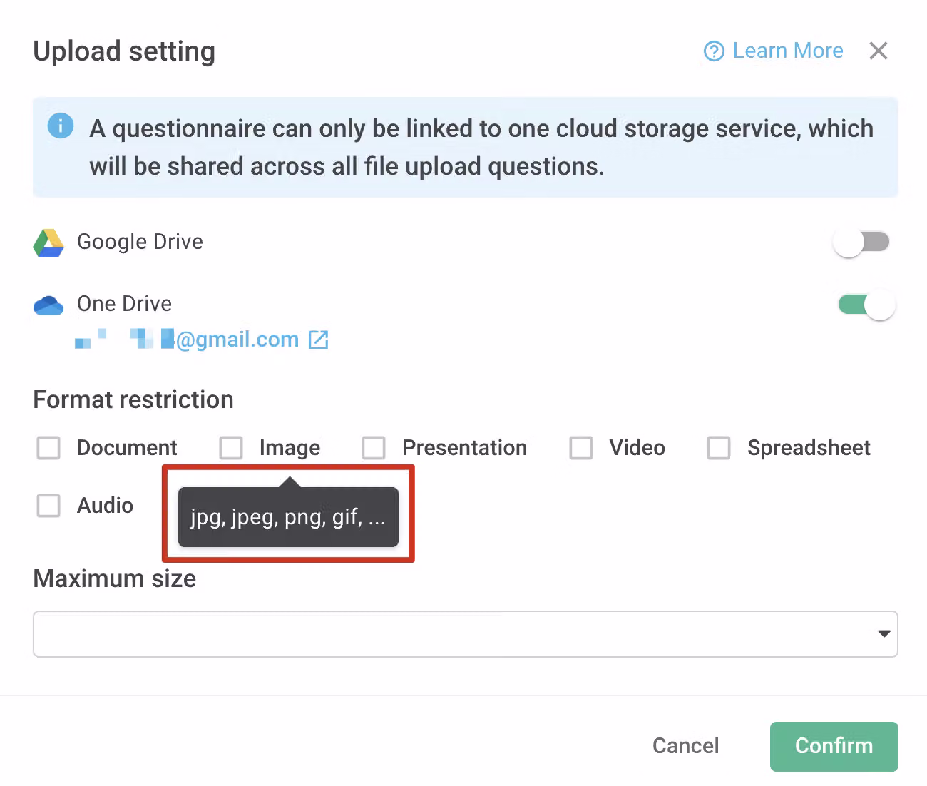 Tooltip shown when hovering over a file format option, listing the accepted file types