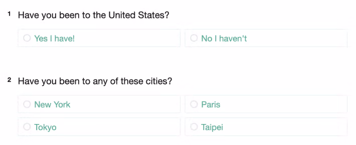 Example of a self-conflicting response answering 'never been to Taipei' yet selecting Taipei 101 in the next question