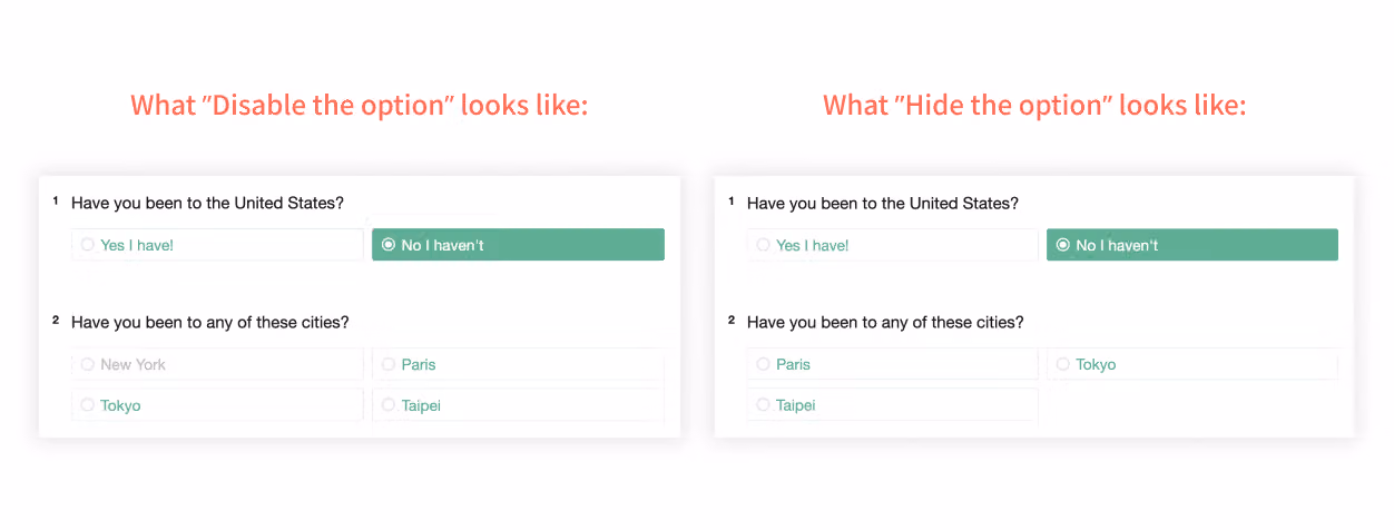 Survey preview showing the excluded option hidden from respondents after applying Exclusive Options