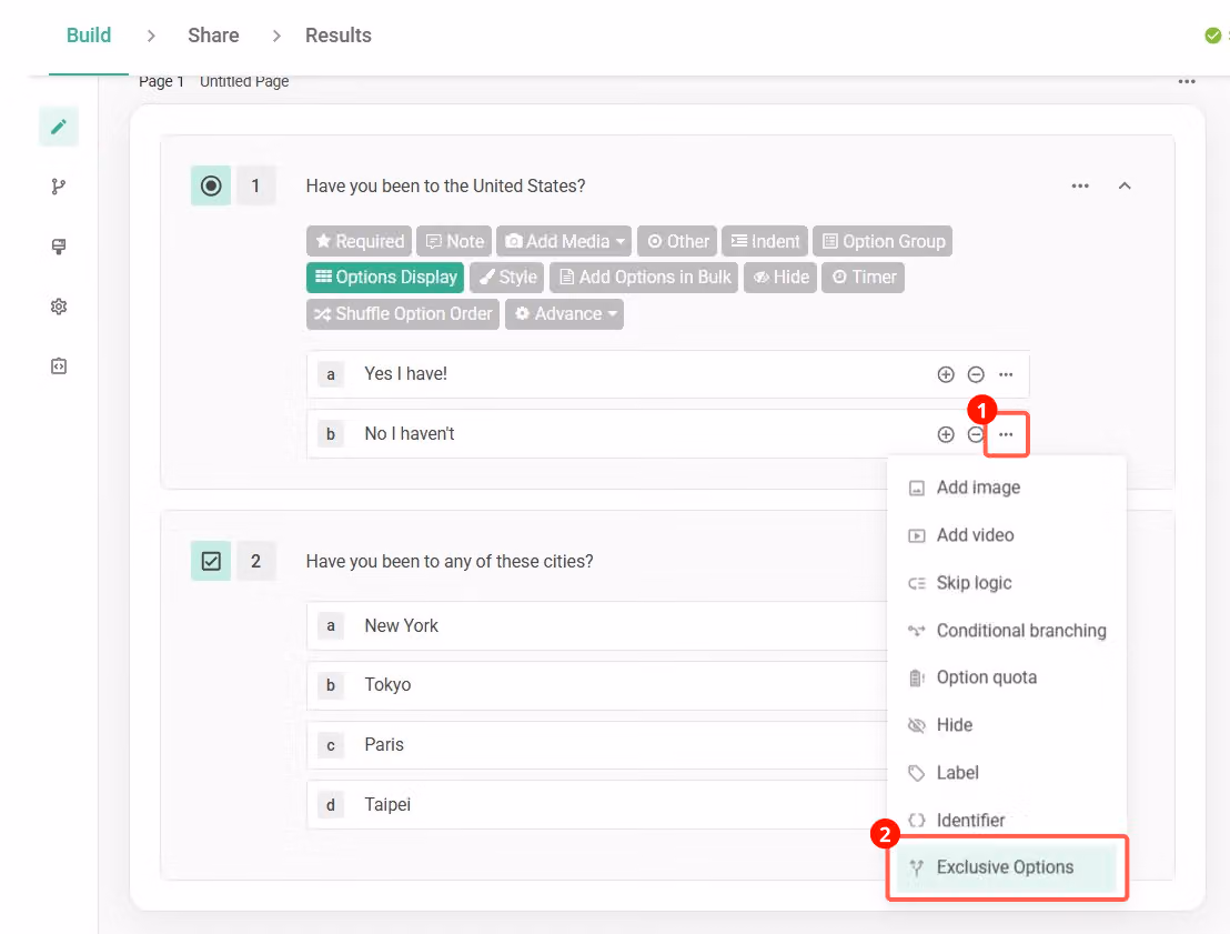 Question editor showing the three-dot menu next to an option with Exclusive Options being selected