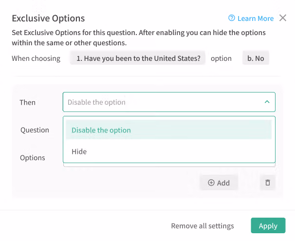 Exclusive Options panel with a toggle to set excluded choices as unselectable or hidden