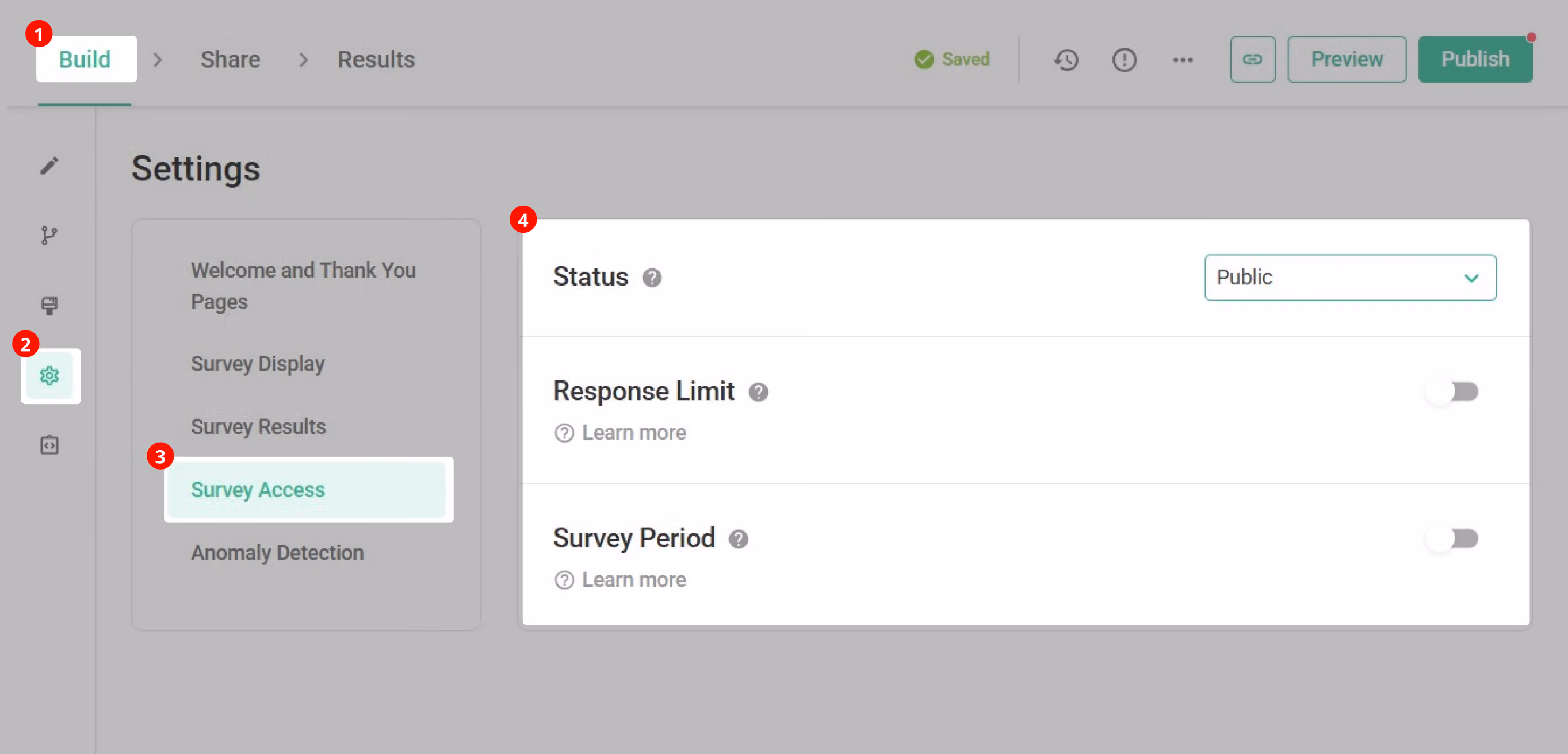 Settings field for customizing the closed message text after enabling Response Limit or Survey Period
