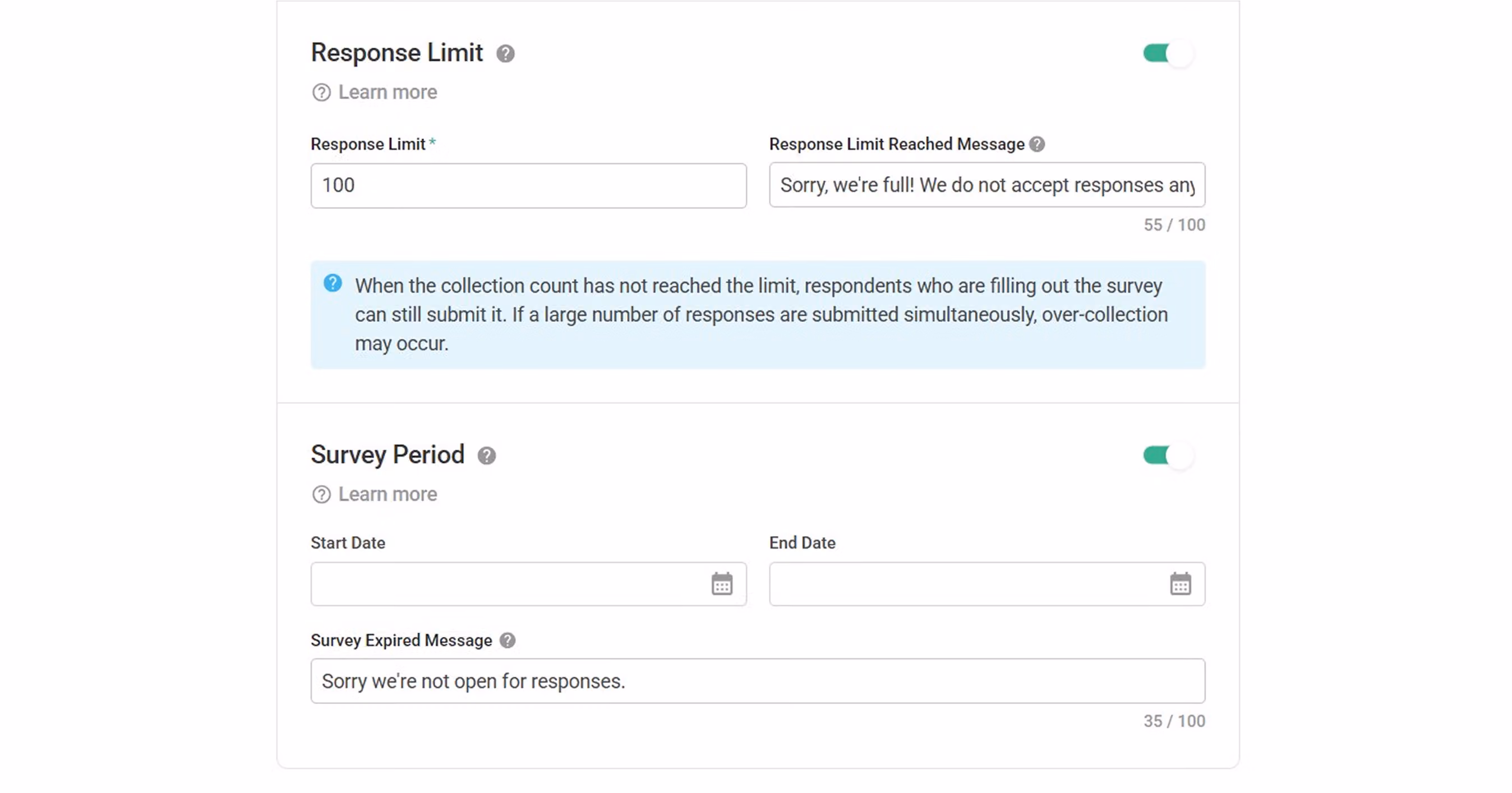 Survey Closed Message setup columns for the closed, response limit, and survey period statuses