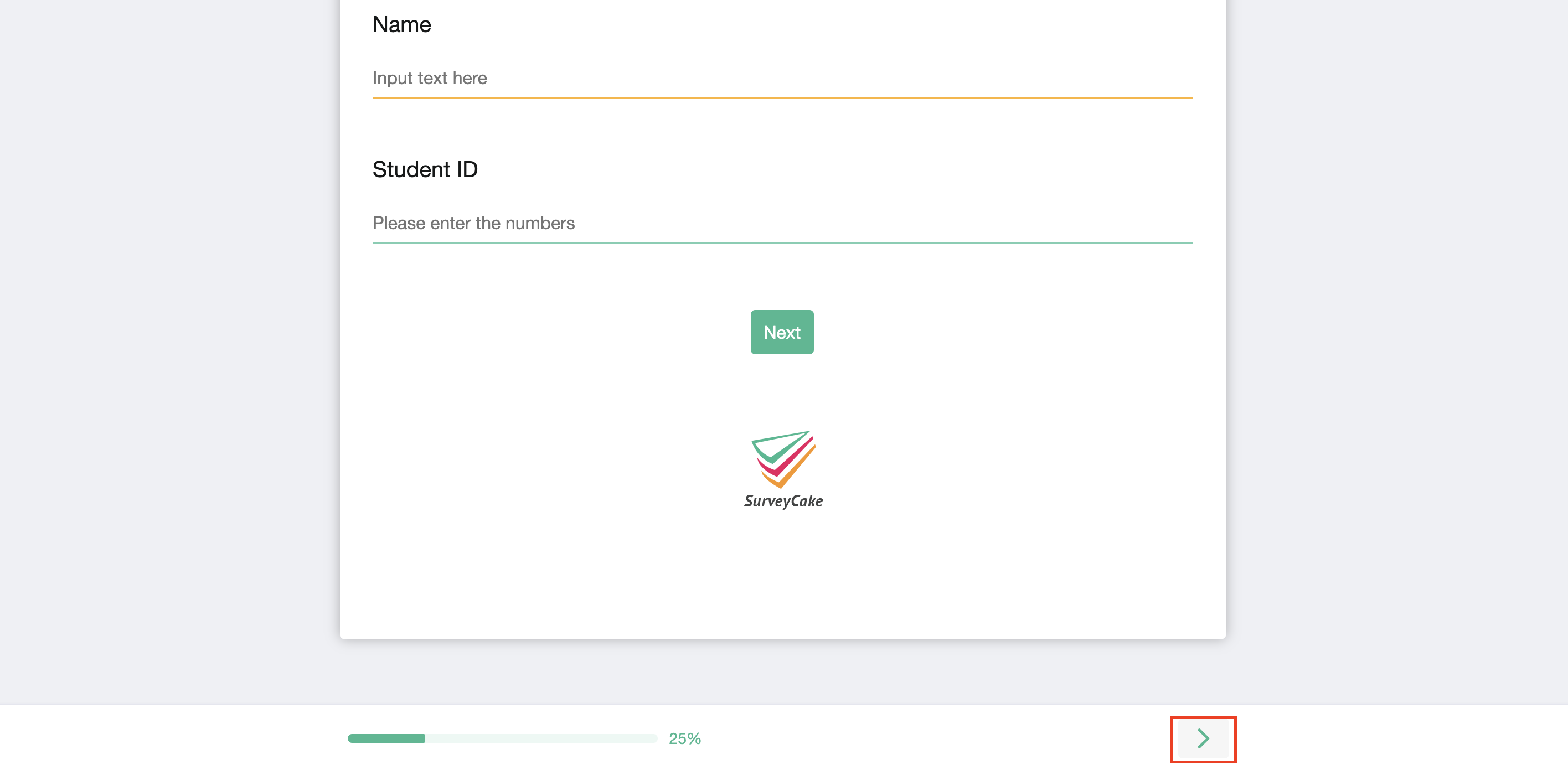 Survey page showing a back-navigation arrow button at the bottom right after enabling the Back Button feature