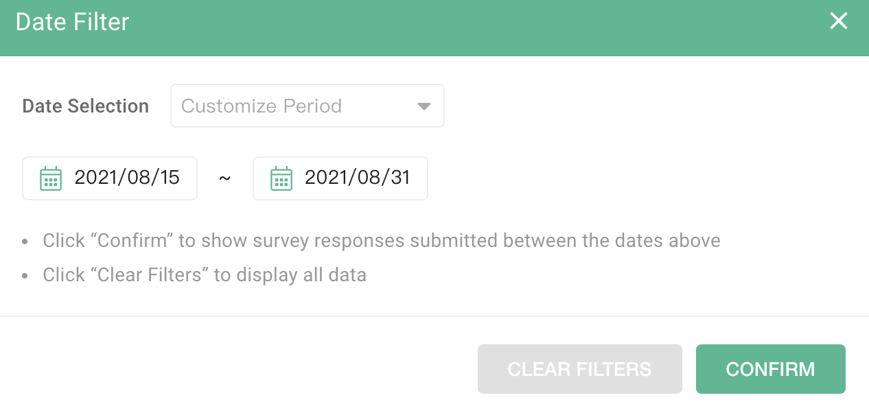 Date filter icon turned green after being applied, showing the currently selected date range