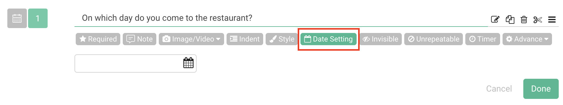 Date Setting button in the question settings used to define the selectable date range