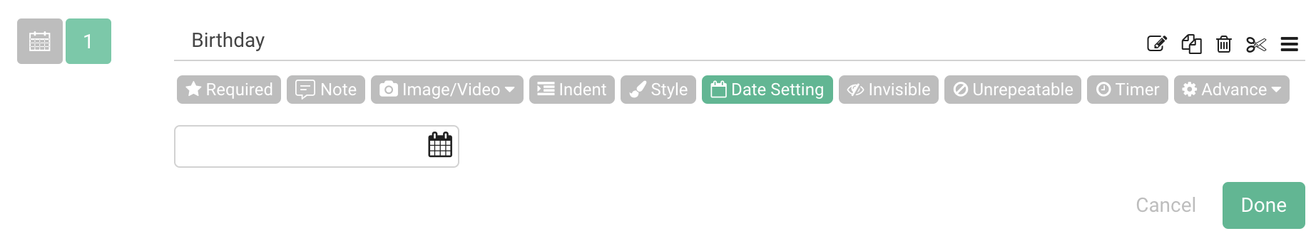 Date question type selected from the question type list with a title entered